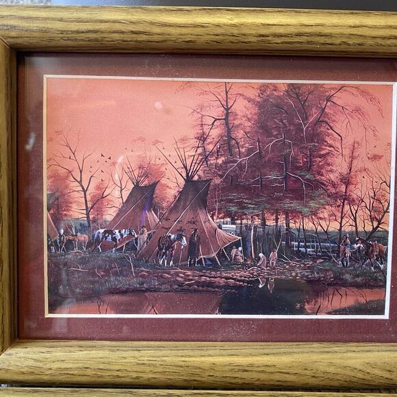 Indian Settlement Art Print Decor Native American Camp Riding Horse Lot Of 2 - Picture 2 of 9